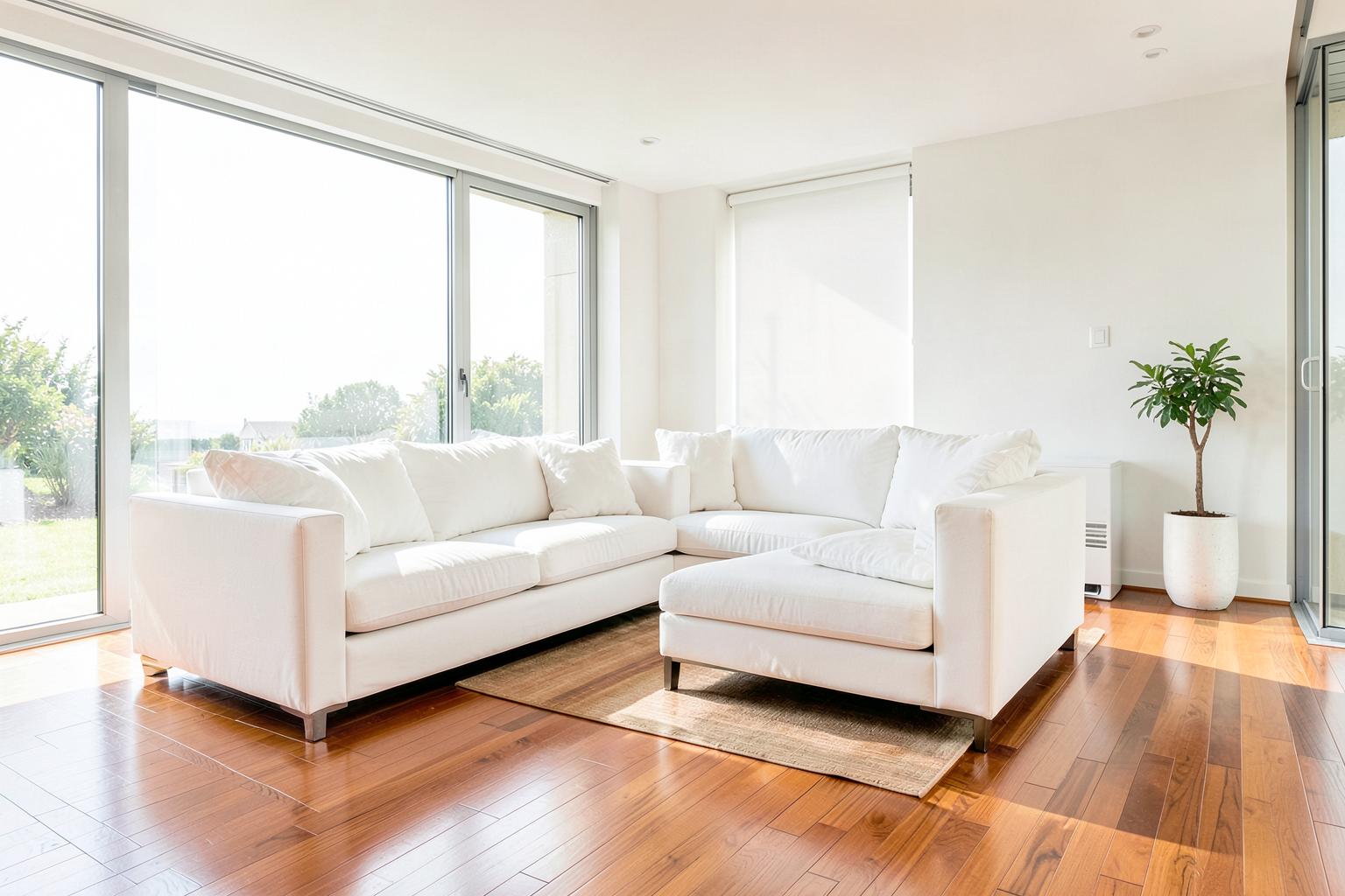 Bright, freshly cleaned living room with sunlight and polished floors